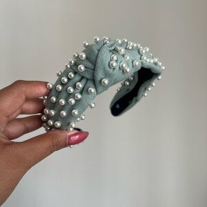 Lele Sadoughi Pearl-Embellished Knotted Headband in Sage Green